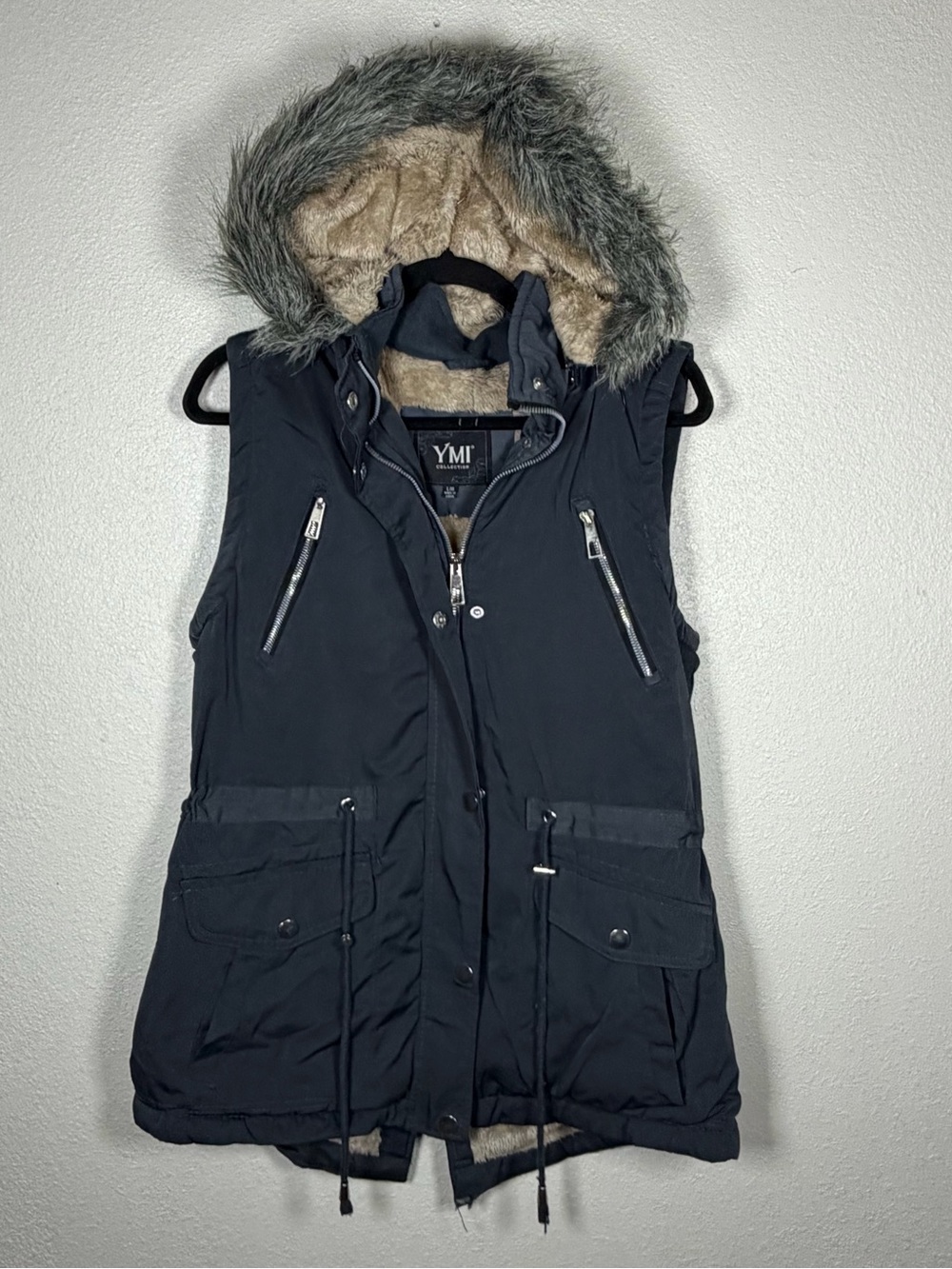 Women’s Gray Faux Fur Lined Hooded Utility Vest Large Lined Detachable Hood Y2K